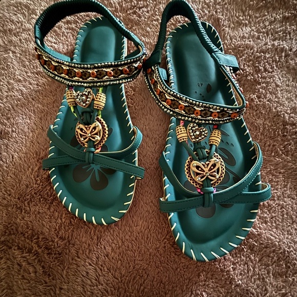 Elegant Teal Women's Sandals with Beaded Design - Picture 1 of 9